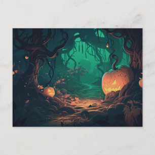 Gruseliger Wald mit Jack-O' Lanterns Halloween Feiertagspostkarte
