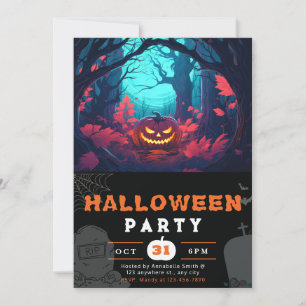 Gruseliger Wald und Kürbisse Schwarzes Halloween Einladung