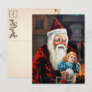 Gruseliger Weihnachtsmann und Puppe Vintage Postka Postkarte