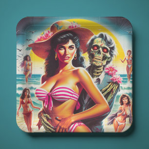 Gruseliger Zombie-Strand-Pin-up Pappteller