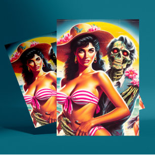 Gruseliger Zombie-Strand-Pin-up Postkarte