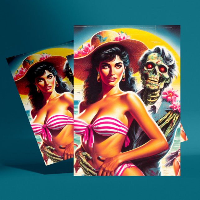 Gruseliger Zombie-Strand-Pin-up Postkarte (Von Creator hochgeladen)