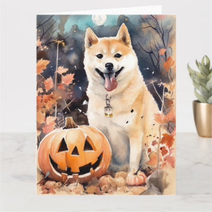 Gruseliges Akita mit Kürbissen Halloween Karte