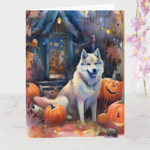 Gruseliges Alaska-Malamute mit Kürbissen Halloween Karte