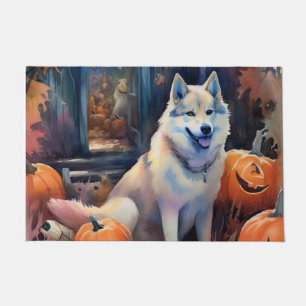 Gruseliges Alaskan Malamute mit Kürbissen Hallowee Fußmatte