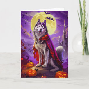 Gruseliges Halloween Alaskan Malamute Vampir-Kürbi Karte