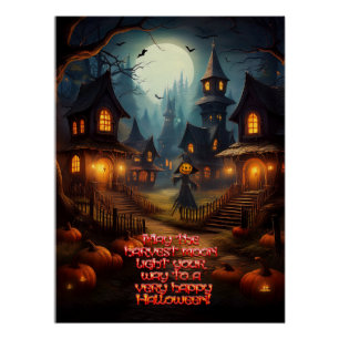 Gruseliges Halloween-Dorf mit Vogelscheuche Poster