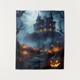 Gruseliges Halloween-Spookhaus auf einem Hügel Wandteppich