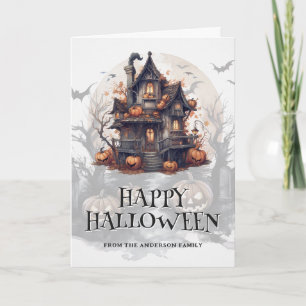 Gruseliges Halloween Spukhaus Fledermäuse Kürbisse Karte