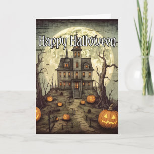 Gruseliges Halloween Spukhaus im Vintage-Stil Karte