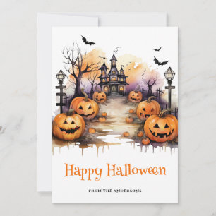 Gruseliges Halloween Spukhaus Kürbis Karte