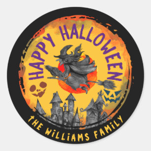 Gruseliges Happy Halloween Orange Hexenbesen   Runder Aufkleber