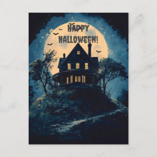 Gruseliges Haus auf einem Hügel, Halloween-Konzept Feiertagspostkarte