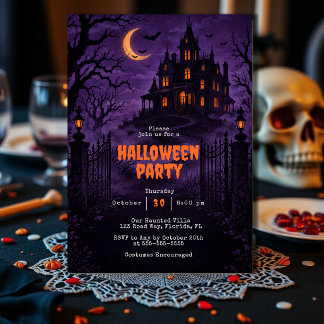 Gruseliges lila Spukhaus-Erwachsenen-Halloween-Par Einladung