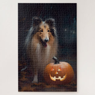 Gruseliges Rough Collie mit Kürbissen Halloween Puzzle