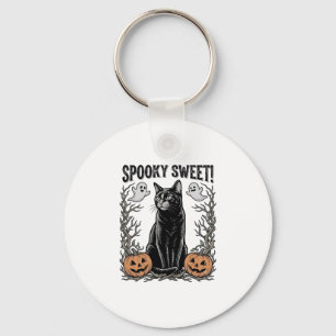 Gruseliges schwarzes Katze Vintage-Halloween-Gravu Schlüsselanhänger