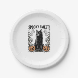 Gruseliges schwarzes Katze Vintage-Halloween-Stick Pappteller