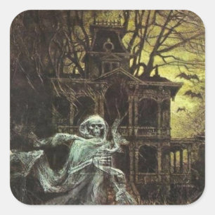 Gruseliges Spukhaus Halloween-Aufkleber Quadratischer Aufkleber