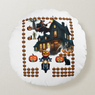 Gruseliges Spukhaus Halloween Kürbiskopf Biker Rundes Kissen