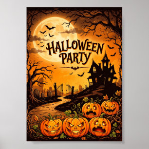 Gruseliges Vintage-Haus & Kürbisse Halloween Poster