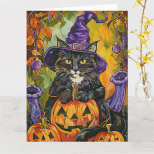 Gruselkatze im Smoking Halloween Hexe und Kürbis Karte
