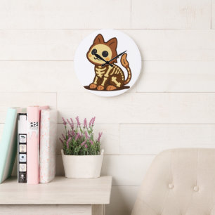 Gruselkatze mit Skelett Große Wanduhr