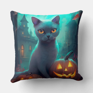 Gruselkatze Russische Blaue Katze mit Kürbissen Ha Kissen