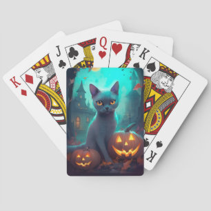 Gruselkatze Russische Blaue Katze mit Kürbissen Ha Spielkarten