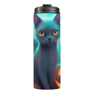 Gruselkatze Russische Blaue Katze mit Kürbissen Ha Thermosbecher