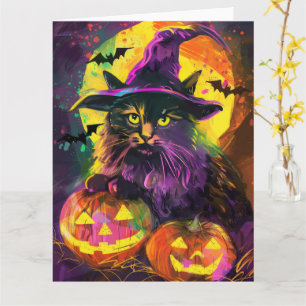 Gruselkatze Türkische Angora Halloween Hexe Kürbis Karte