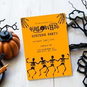 Gruselparty mit Skelett, Orange und Schwarz Hallow Einladung