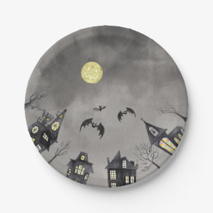 Gruselstadt Wasserfarben Halloween-Papierteller Pappteller