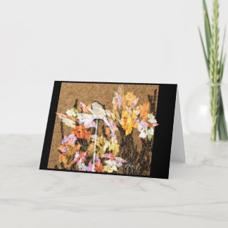 Gruß-Karte - kleiner Spatz auf Blumen-Stange Karte