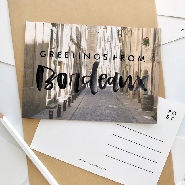 Gruß von Bordeaux France Travel Postcard Postkarte (Greetings from Bordeaux watercolor letters over photography travel postcard.)