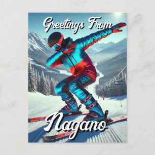 Gruß von Nagano Japan Dabbing Skier Postcard Postkarte