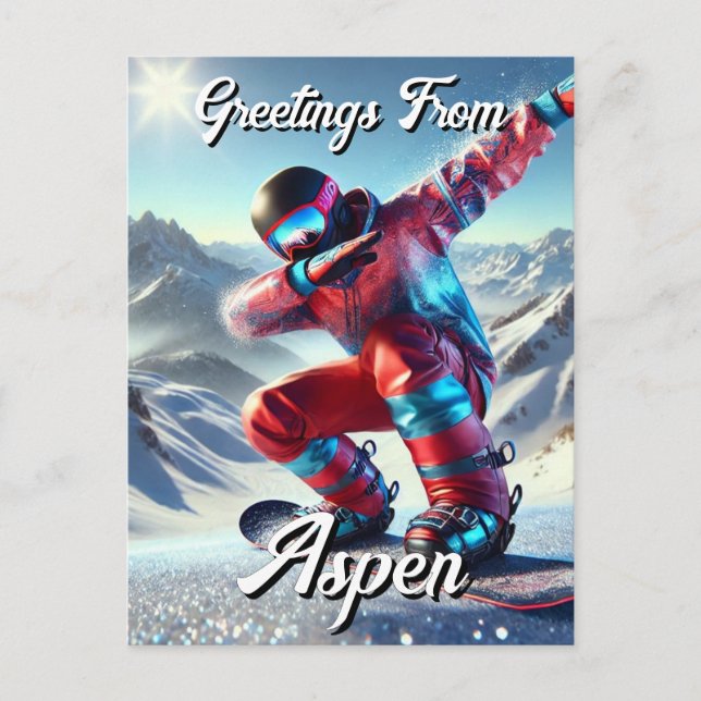Grüße aus Aspen Dabbing Snowboarder Postkarte (Vorderseite)