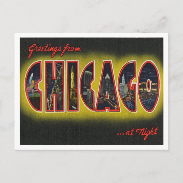 Grüße aus Chicago am Abend in Illinois Postkarte (Vorderseite)