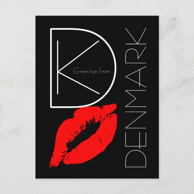 Grüße aus Dänemark Red Lipstick Kiss Black Postkarte (Vorderseite)