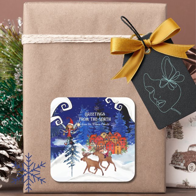 Grüße aus dem North Moose Village Quadratischer Aufkleber (Greeting from the North Moose Village Square Sticker)