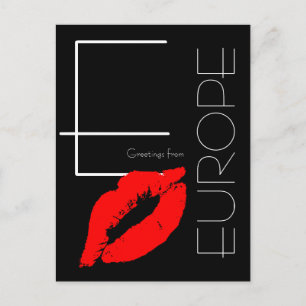 Grüße aus Europa Red Lipstick Kiss Black Postkarte