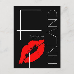Grüße aus Finnland Red Lipstick Kiss Black Postkarte