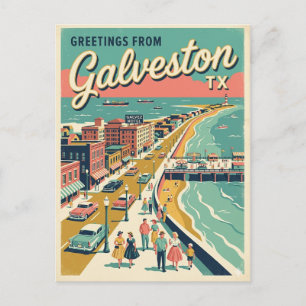 Grüße aus Galveston TX Vogelperspektive Retro Postkarte