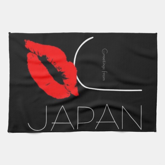 Grüße aus Japan Red Lipstick Kiss Black Geschirrtuch (Horizontal)