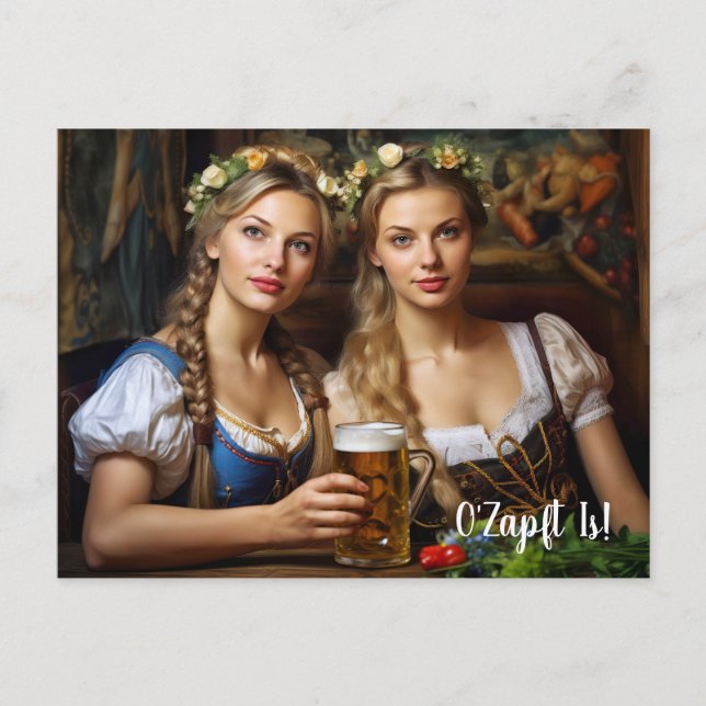Grüße aus München! Bierzeltstimmung. Dirndl Postkarte (Vorderseite)