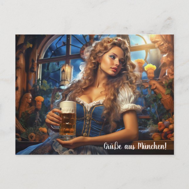 Grüße aus München! Frau im Dirnd mit Bier Postkarte (Vorderseite)