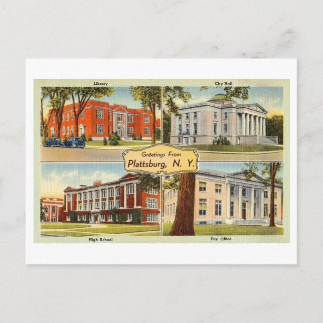 Grüße aus Plattsburg, New York, Vintag Postkarte (Vorderseite)