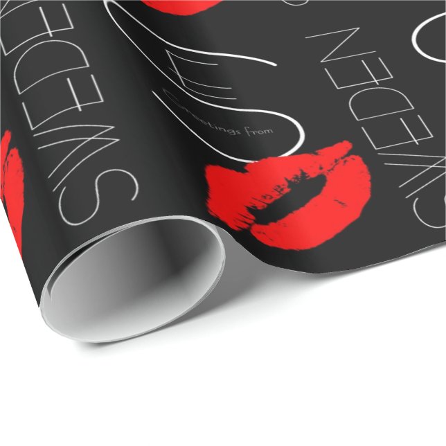 Grüße aus Schweden Red Lipstick Kiss Black Geschenkpapier (Rolleneckpunkt)