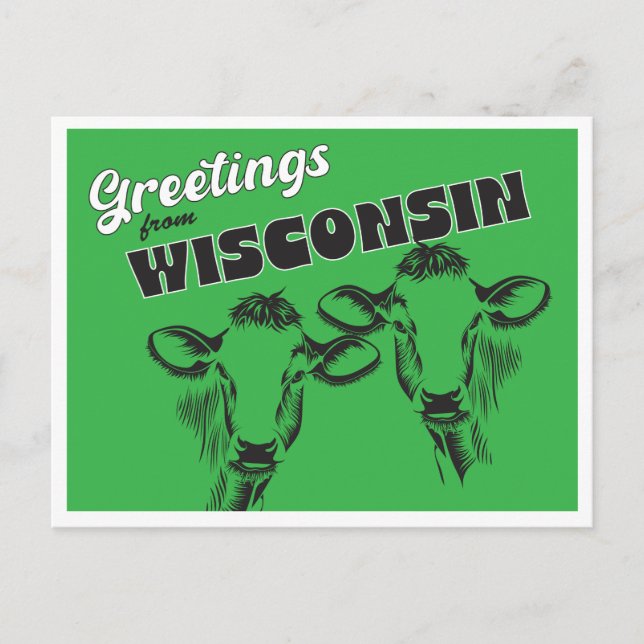 Grüße aus Wisconsin mit Zeichnend Vintagen Kühen Postkarte (Vorderseite)