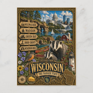 Grüße aus Wisconsin   Vintage Retro Kunst Postkarte