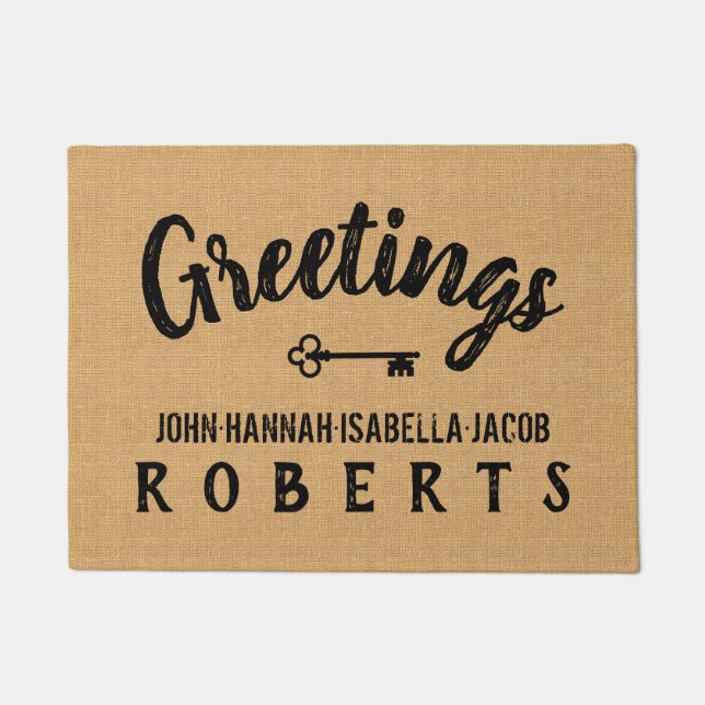 Grüße Burlap Farmhouse Feedsack Personalisiert Fußmatte (Vorderseite)